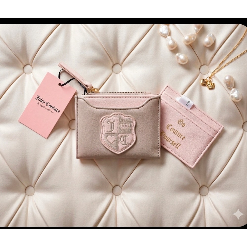 Juicy Couture 2-Piece Card Holder & Zippered Wallet Set – Pink/Taupe NWT